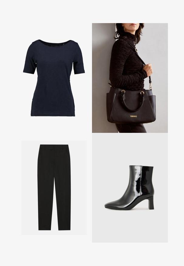 Tyrkysové tričko s krátkým rukávem vyrobené z bavlny. Disponuje kulatým výstřihem a uvolněným střihem s bočními rozparky pro snadný pohyb.; Černé kalhoty s vytvarovaným střihem, které mají boční kapsy a rovné nohavice. Vyrobené z hladkého, lehkého materiálu s elegantním povrchem.; Černé lakované kotníkové boty s špičatou špičkou a středně vysokým blokovým podpatkem. Hladká textura a minimalistický design.; Černá kabelka s texturovaným povrchem, dvojitými horními uchy a nastavitelným ramenním popruhem. Obsahuje zlaté kovové prvky a boční kapsy.