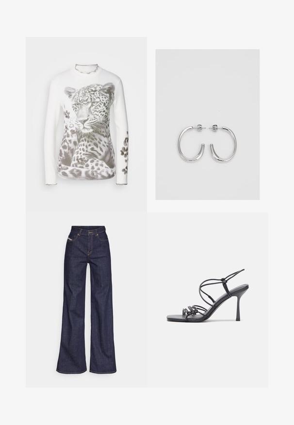 White long-sleeve sweater featuring a leopard print design in gray. Ruffled neckline and cuffs, with floral accents on the sleeves.; Dark blue wide-leg jeans in denim fabric with a high waist, featuring orange stitching, five-pocket design, and a button closure.; Black high-heeled sandals feature thin straps with a knotted design, a smooth square toe, and a sleek stiletto heel.; Silver hoop earrings with a smooth, shiny finish. Rounded shape, lightweight design, featuring a post-back closure.