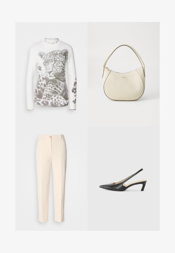 Hvit langermet genser med leopardmønster i grått. Rynkete halsutskjæring og mansjetter, med blomsterdetaljer på ermene.; Kremfargede, høy-taljede bukser laget av teksturert stoff. Har lukking med frontknapp og avsmalnende ben.; Svart spiss tå slingback-sko med lav hæl, laget av jevnt skinnmateriale og med utskåret design på siden for pusteevne.; Kremfarget håndveske med teksturert overflate, buet form, kort håndtak og gullfarget logo. Glidelås lukking på toppen.