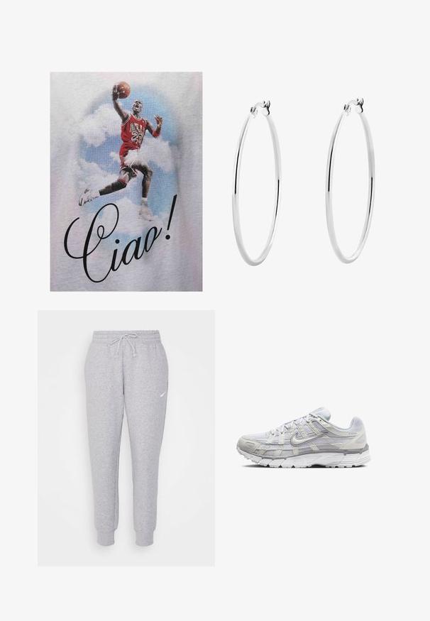 Červené grafické tričko s motívom skáčuceho basketbalistu v drese Bulls, s nápisom „Ciao!“ vytlačeným čiernym kurzívou. Pozadie zobrazuje mraky.; Svetlosivé tepláky s nastaviteľným pásom, zúženými nohavicami a malým bielym logom na ľavom stehne. Vyrobené z mäkkej, štruktúrovanej tkaniny.; Svetlo šedé športové topánky s vrchom z ďalekého a syntetického materiálu, so šnurovacím uzáverom, polstrovaným golierom a štruktúrovanou podrážkou pre lepšiu priľnavosť.; Strieborné kruhové náušnice s hladkým, lesklým povrchom a tenkým, kruhovým tvarom. Dizajn obsahuje bezpečné zapínanie.