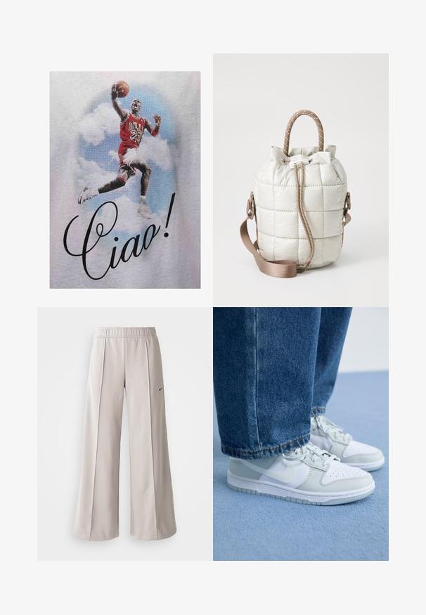 Tricou roșu cu grafică, prezentând un jucător de baschet sărind în echipamentul Bulls, cu textul "Ciao!" imprimat în cursivă neagră. Fundalul arată nori.; Pantaloni largi de culoare gri deschis, confecționați dintr-un material neted. Au o talie elastică și un logo Nike negru pe partea stângă.; Tenisi Nike din piele albă și gri deschis, cu vârful perforat, șireturi plate și talpă din cauciuc, asortați cu blugi din denim albastru.; Geantă beige deschis matlasată cu vârf strâns, având un mâner împletit și o curea detasabilă. Textură netedă cu o strălucire subtilă.