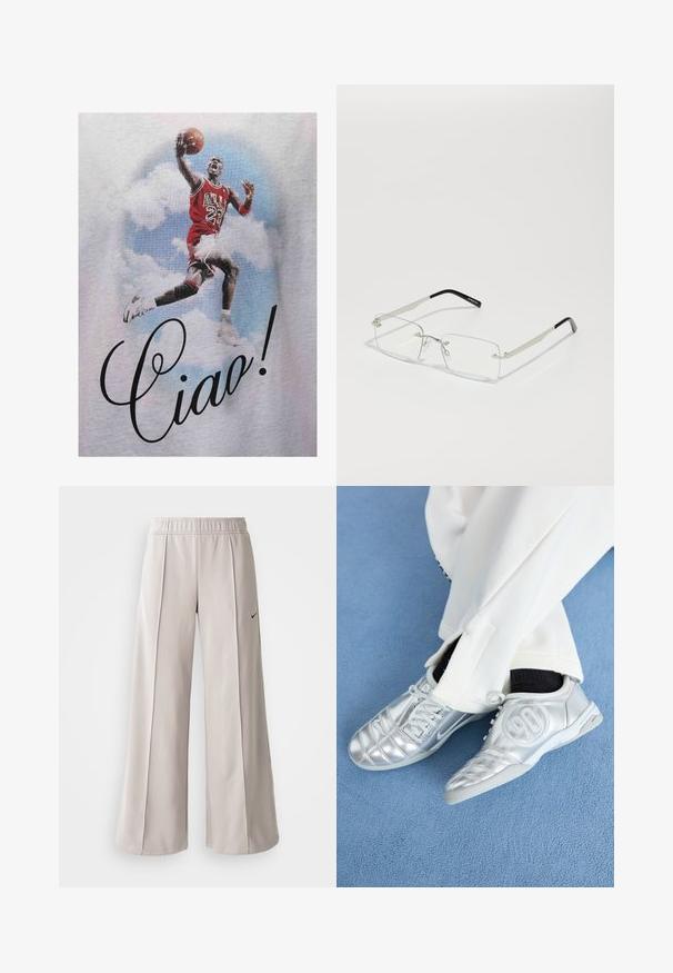 Camiseta gráfica roja con un jugador de baloncesto saltando en una camiseta de los Bulls, con "¡Ciao!" impreso en negro en cursiva. El fondo muestra nubes.; Pantalones de pierna ancha en gris claro, confeccionados con una tela suave. Presentan una cinturilla elástica y el logotipo negro de Nike en el lado izquierdo.; Zapatillas deportivas plateadas con un acabado suave y brillante, que presentan un diseño cosido y el número 90 en el lateral, combinadas con pantalones blancos.; Gafas rectangulares con lentes claros, un delgado marco de metal plateado y puntas de acetato negro. Presentan un hardware mínimo para un diseño elegante.