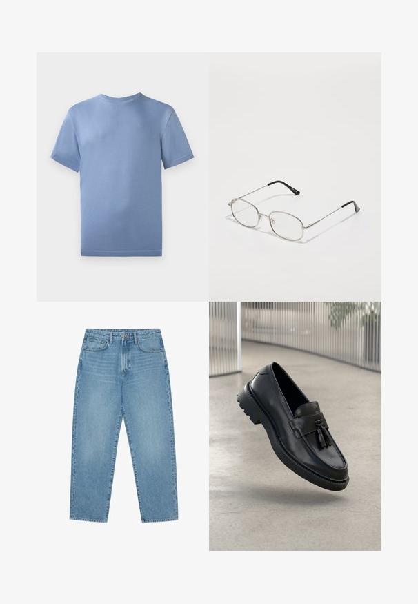 Light blue cotton t-shirt with a round neckline, short sleeves, and subtle stitching details. Features a small logo on the chest.; Light blue denim jeans with a straight-leg cut, five-pocket design, and a slightly faded texture. Features a button and zipper closure.; Black leather loafers with a smooth finish, decorative tassel, thick rubber sole, and stitched accents. Lightweight and sleek design.; Metal eyeglasses with an oval frame, silver bezels, and clear lenses. Slim, straight arms with black tips, minimalist design.