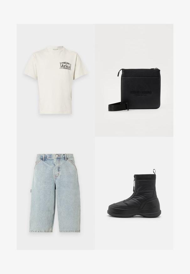 Tricou cu mânecă scurtă și guler rotund, din bumbac crem, cu un imprimeu grafic negru care citește "Aries" pe partea stângă a pieptului.; Noon Goons RUNAWAY - Pantaloni scurți din denim - washed blue; Cizmă de zăpadă impermeabilă neagră, cu un partea superioară din sintetic neted, închidere cu fermoar, guler căptușit și talpă din cauciuc texturat. Accentuată cu branding-ul "MOON BOOT".; Geantă neagră din piele pentru umăr, cu închidere zip, suprafață texturată, logo embosat și o curea detașabilă pentru o purtare versatilă.