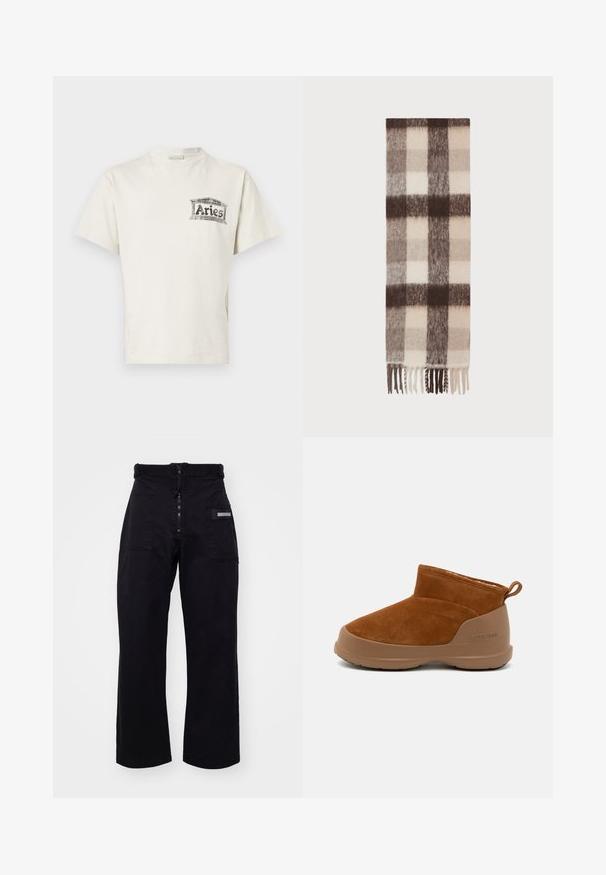 Tricou cu mânecă scurtă și guler rotund, din bumbac crem, cu un imprimeu grafic negru care citește "Aries" pe partea stângă a pieptului.; Pantaloni cargo negri, cu picioare largi, având închidere cu fermoar și Velcro, prevăzuți cu două buzunare frontale și un buzunar lateral cu un detaliu rectangular din metal.; Cizmă de gleznă din suede maro cu talpă din cauciuc maro, având un design simplu, vârf rotund și un mic tab de prindere la spate.; Fular din lână cu un model în carouri în nuanțe de crem, bej și maro închis, cu margini franjurate și o finisare moale, texturată.