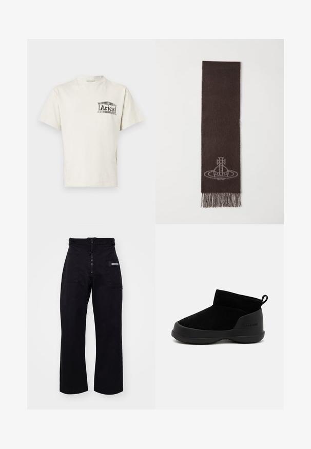 Korte mouw, ronde hals t-shirt in off-white katoen met een zwarte grafische print met de tekst "Aries" op de linkerborst.; Zwarte, wijde cargobroek met een rits- en klittenbandsluiting, voorzien van twee voorzakken en een zijzak met een rechthoekig hardwaredetail.; Zwarte enkellaarsjes met een gladde suède bovenkant en rubberen zool, met een minimalistisch ontwerp en een treklus aan de achterkant voor eenvoudig aan- en uittrekken.; Donkerbruine sjaal van zacht materiaal, met een lichtgrijze grafisch ontwerp en franjes aan de randen. Langgerekt rechthoekige vorm.