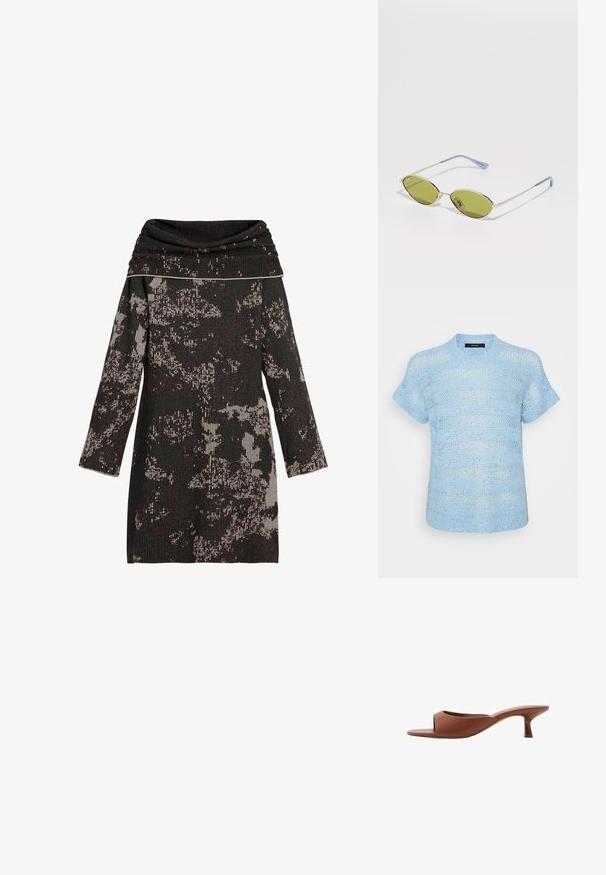 Blå strikket top med korte ærmer og et struktureret mønster. Det lette materiale har åbne masker og reflekterende detaljer overalt.; Strikkjole med cowl-halsudskæring, der har sort og cremefarvet abstrakt mønster, lange ærmer og struktureret ribbet materiale.; Brune åbne tå hæle mules med en glat, mat finish, der har et buet design og en gennemsigtig, afsmalnende hæl.; Olivengrønne solbriller med en tynd guldramme og blå accenter på stellet. Oval linser og minimalistisk design.; Brun syntetisk håndtaske med buet design, detaljeret syning, metalnitter og en kort rem. Lynlåslukning med dekorative accenter.