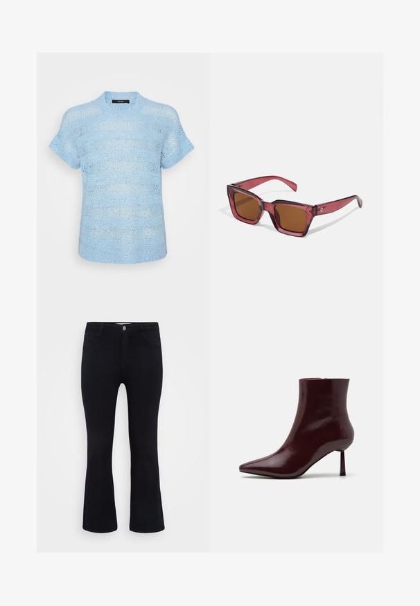 Top corto de manga corta tejido en azul con un patrón texturizado. Material ligero que presenta puntos abiertos y acentos reflectantes en toda la prenda.; ONLY Carmakoma CARTHUNDER PUSH UP - Vaqueros a campana - black denim; Botín de charol burdeos con punta afilada y tacón de aguja delgado, que presenta una textura suave y brillante y un diseño minimalista.; Gafas de sol cuadradas tintadas de rojo con lentes marrones. Fabricadas en plástico translúcido. Presentan un diseño angular destacado y un sutil logo en la patilla.