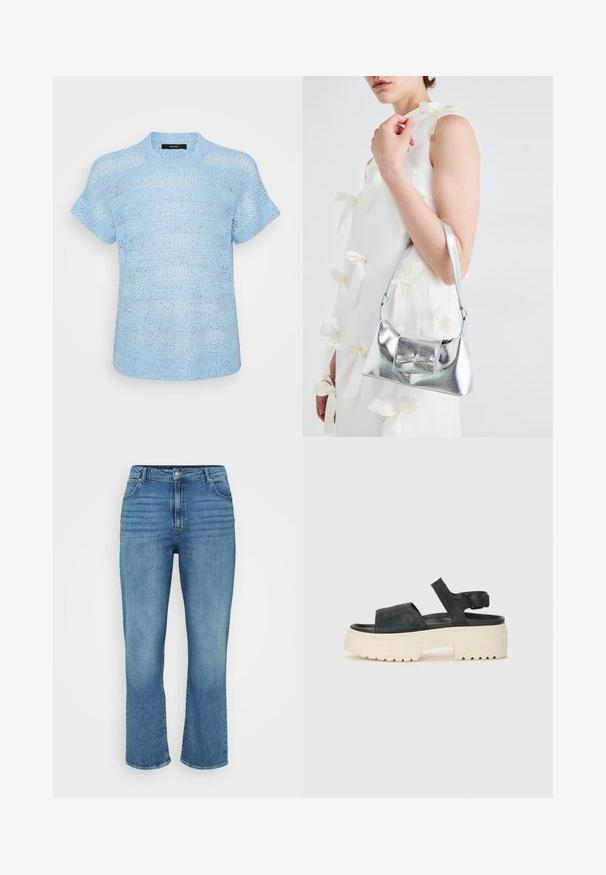 Blue knitted short-sleeve top with a textured pattern. Lightweight material features open stitches and reflective accents throughout.; Light blue denim jeans with a straight leg design, featuring five pockets, belt loops, and subtle fading on the front.; Black suede platform sandals with a chunky white sole, wide front strap, and adjustable ankle buckle. Textured outsole for grip.; Silver metallic handbag with a structured shape, featuring a top handle and bow detail on the front. Smooth texture, reflective finish.