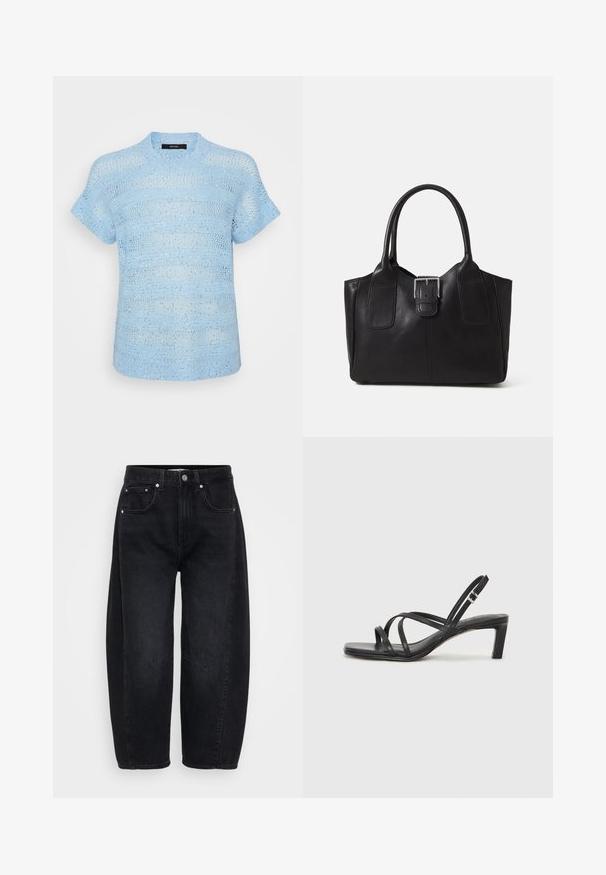 Blå strikket top med korte ærmer og et struktureret mønster. Det lette materiale har åbne masker og reflekterende detaljer overalt.; Sorte denimbukser med en løs pasform, der har sølvdetaljer, fem lommer og en markant sømstruktur foran.; Sort remsandale med firkantet tå og en lav blokeret hæl. Har flere tynde stropper og en justerbar ankelrem. Fremstillet af glat læder.; Sort læder tote taske med glat tekstur, struktureret form, to håndtag og en fremtrædende sølvspænde detalje på forsiden.