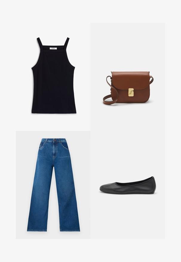 Črn rebrast top brez rokavov z ozkimi naramnicami, z ovalnim izrezom in ravnim robom. Na etiketi piše "IVY OAK."; Hlače širokih nogavic iz temno modrega džinsa z visokim pasom, ki imajo sprednje in zadnje žepe ter detajle kontrastnega šivanja.; Črne usnjene balerinke z zaobljenim nosom, gladko teksturo, minimalnimi šivi in fleksibilno zasnovo podplata.; Rjava usnjena torbica s poklopcem, zlato obarvani okovi, naramnica in gladka tekstura. Kompaktna pravokotna oblika.