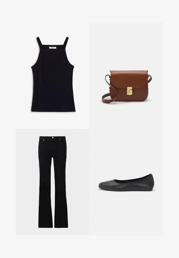 Crna rebrasta majica bez rukava s uskim naramenicama, koja ima okrugli dekolte i ravni donji rub. Na etiketi piše "IVY OAK."; Crne široke traperice izrađene od denima, s dva prednja džepa, kopčanjem na dugme i glatkom teksturom. Potpisna šavova vidljiva na šavovima.; Crne kožne baletanke s zaobljenim vrhom, glatke teksture, minimalnim detaljima šavova i fleksibilnim dizajnom potplata.; Smeđa kožna torba s preklopom, zlatnim detaljima, remenom za nošenje preko ramena i glatkom teksturom. Kompaktni pravokutni oblik.