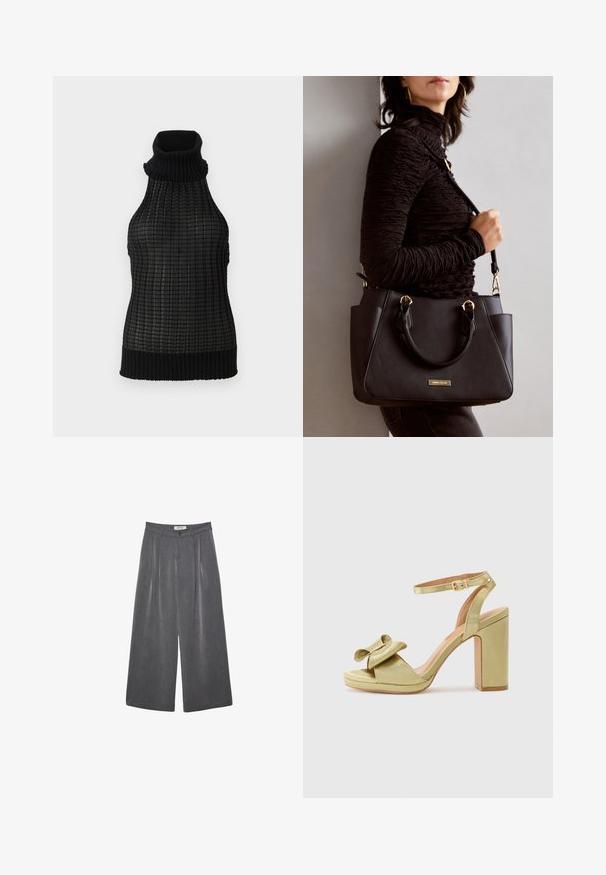Svart ärmlös polokrage topp med ett strukturerat rutmönster och ribbade kanter. Tillverkad av ett lätt material med en figurnära design.; Fållade vida byxor i en mörkgrå tyg med en subtil textur. Har en knappstängning och en klassisk midje-design.; Grön satäng högklackad sandal med en rosettdetalj på den främre remmen, justerbar ankelsnodd och en kraftig kvadratisk klack.; Svart handväska med texturerad yta, dubbla handtag upptill och justerbar axelrem. Utrustad med detaljer i guld och sidofickor.
