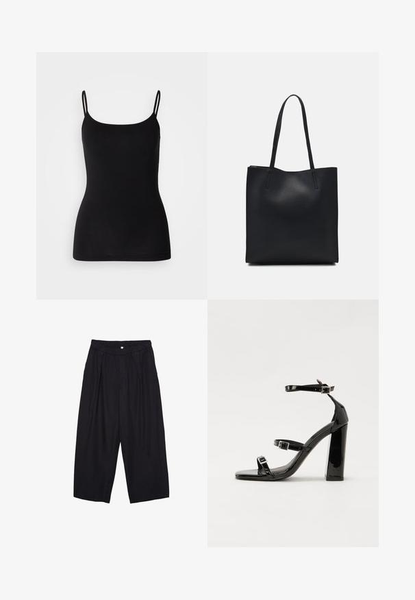 Sort camisole-top med tynde justerbare stropper, glat elastisk stof og en tæt silhuet. Ingen mønstre eller pynt.; Sorte polyester culotte bukser med elastisk talje, to forpiber og en løs silhuet. Ingen synlige mønstre eller hardware detaljer.; Sorte patenterede hælsandaler med firkantet tå, ankelremme og sølvspænder. Har en chunky blokHæl for stabilitet.; Sort læder tote taske med glat tekstur, rektangulær form og to lange hanke. Ingen synlig hardware eller udsmykninger.