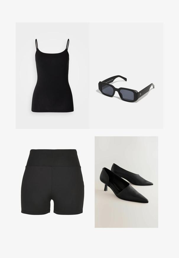 Schwarze Spaghetti-Top mit dünnen verstellbaren Trägern, glattem Stretchstoff und figurbetonter Silhouette. Keine Muster oder Verzierungen.; Schwarze, hoch taillierte Sportshorts aus glattem, dehnbarem Material. Mit glatten Nähten und einem figurbetonten Design, ideal für Sportbekleidung.; Schwarze Leder-High-Heels mit spitzem Zehenbereich, die ein minimalistisches Design und einen kurzen, quadratischen Absatz aufweisen. Glatte Textur und elegante Silhouette.; Schwarze rechteckige Sonnenbrillen mit matter Oberfläche, ausgestattet mit dunklen Gläsern und dicken, kantigen Rahmen. Minimalistisches Design ohne sichtbare Logos.