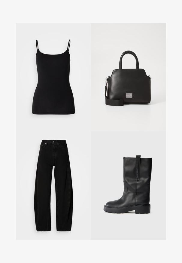 Melna krūštura blūze ar plānām regulējamām siksnām, gluda stiepjama auduma un pieguļoša silueta. Nav rakstu vai rotājumu.; Melna denima bikses ar platu kāju un augstu jostasvietu, ar pogu aizdari, piecām kabatām un minimālām šuvju detaļām.; Melnas ādas līdz ceļiem augstas zābaki ar elegantu dizainu, kas iezīmē biezus zole un sānu cilpu, lai ērtāk uzvilktu. Ievērojamas šuvju akcenti.; Melna sintētiska soma ar augšējiem rokturiem, noņemamu plecu siksniņu, apaļu formu, gludu tekstūru un sudraba logotipa akcentu priekšpusē.