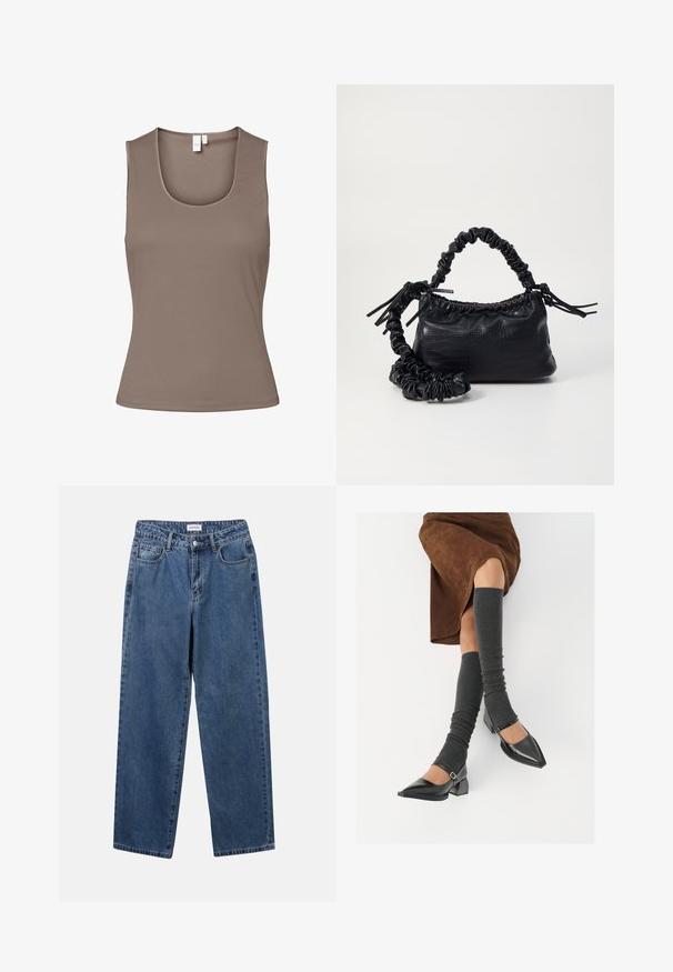 Brown sleeveless top made of smooth, stretchy fabric. Features a scooped neckline and a fitted design, with minimal seams and no embellishments.; Classic blue denim jeans with a straight-leg design, five pockets, and a button closure. Features a medium wash and sturdy texture.; Black patent leather pointed-toe shoes with a block heel and ankle strap, paired with gray ribbed leg warmers and a brown suede skirt.; Black faux leather handbag with a crocodile texture, cinched top, and a scrunched strap. Appears soft and compact in design.