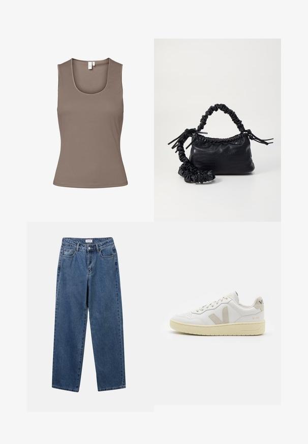 Rudas be rankovių palaidinė, pagaminta iš lygaus, tamprinčio audinio. Turi apvalų iškirpimą ir prigludusį siluetą, su minimaliu siūlių skaičiumi ir be puošybų.; Klasikiniai mėlynos džinsinio audinio džinsai su tiesiomis kojomis, penkiomis kišenėmis ir mygtukų uždarymu. Pasižymi vidutiniu skalbimu ir tvirtu audiniu.; Balti odiniai sportbačiai su kreminiais zomšos akcentais, perforuota pirštų dalimi, plokščiomis raišteliais ir struktūruota kreminėmis padomis. Ant kulno yra subtilus ženklinimas.; Juodas dirbtinės odos rankinė su krokodilo tekstūra, sušnibždinta viršuje ir susikraipytu dirželiu. Atrodo minkšta ir kompaktiška.