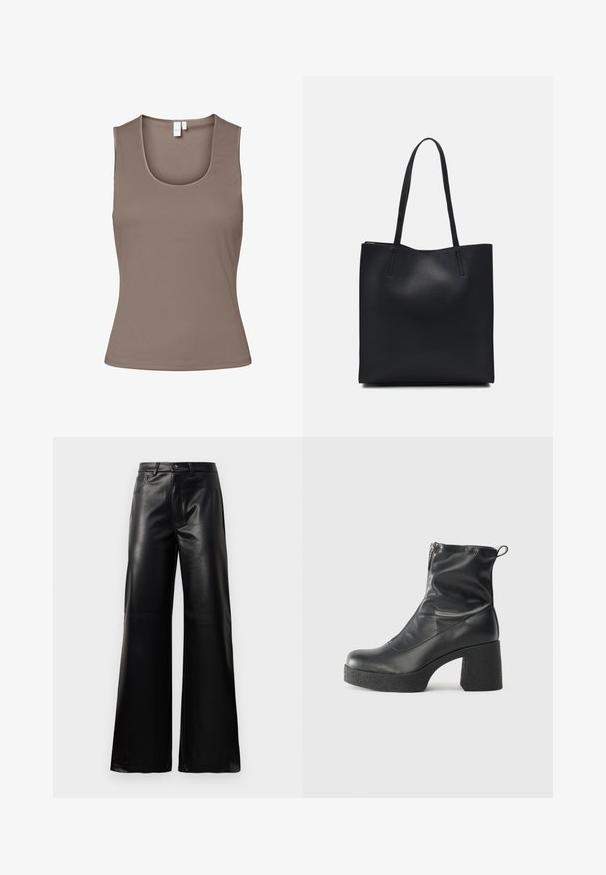Smeđa bezrukavna majica izrađena od glatkog, rastezljivog materijala. Ima izrezan dekolte i prilagođen dizajn, s minimalnim šavovima i bez ukrasa.; Crne visoke široke hlače od umjetne kože s prednjim gumbom, zatvaranjem na zip, petljama za pojas i bočnim džepovima na bijeloj pozadini.; Crne gležnjače od glatke kože, s bočnim zatvaračem, debelim teksturiranim potplatom i dizajnom s zaobljenim prstima.; Crna kožna torba za nošenje s glatkom teksturom, pravokutnim oblikom i dvije duge ručke. Nema vidljivih metalnih dijelova ili ukrasa.