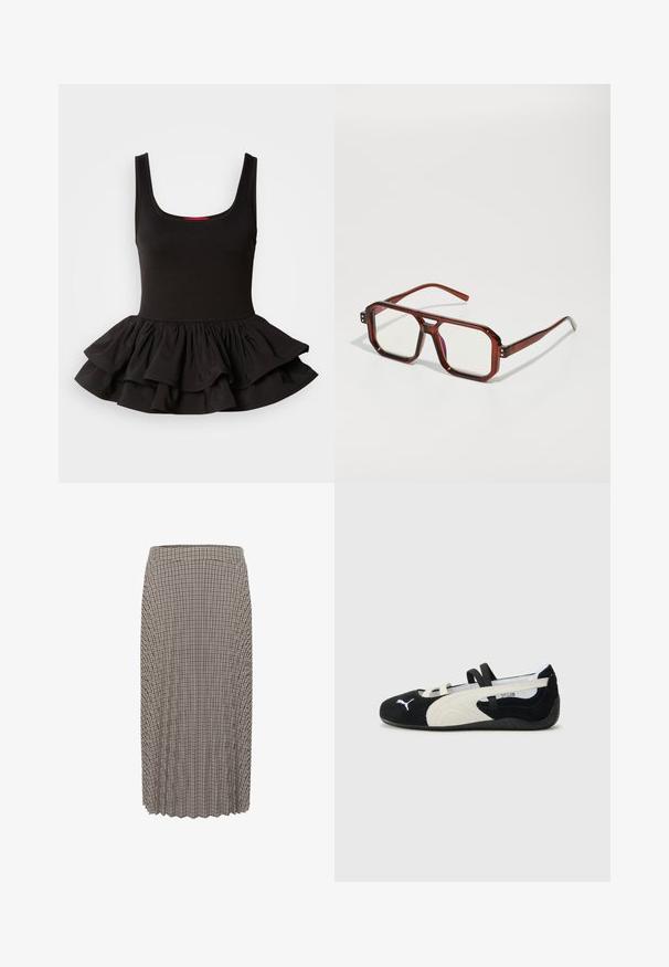 Black sleeveless top in stretch fabric, featuring a fitted bodice and a ruffled peplum hem with layered design. Smooth texture.; Pleated midi skirt in a black and white gingham pattern. Features a waistband and textured fabric with a straight cut.; Black and cream ultra-lightweight shoe with a suede upper, flat sole, elastic straps, and a small logo on the toe.; Brown transparent oversized glasses with rectangular lenses and slender arms. Angled, slightly rounded corners and visible hardware accents.