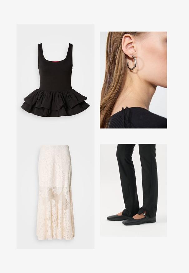 Top senza maniche nero in tessuto elasticizzato, con un corsetto aderente e un orlo a peplo arricciato a più strati. Texture morbida.; Gonna midi in pizzo floreale color crema; presenta un design a strati con sezioni trasparenti, pizzo testurizzato e un orlo svasato.; Ballerine in pelle nera con punta appuntita, cinturino con fibbia in argento, abbinate a pantaloni neri su misura con orlo a spacco.; Orecchino a cerchio in argento con finitura lucida, caratterizzato da piccoli dettagli in oro e una forma tondeggiante, indossato sul lobo.