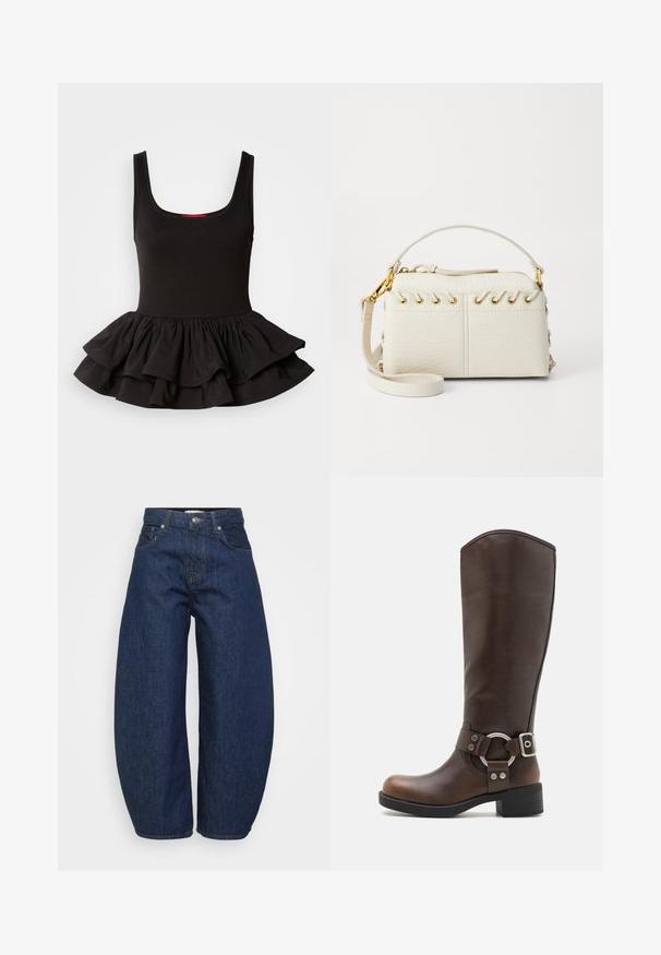 Zwarte mouwloze top van rekbare stof, met een aansluitend lijfje en een rimpelige peplumzoom met gelaagd ontwerp. Gladde textuur.; Hoge taille donkerblauwe denim jeans met wijde benen, voorzijde met knoop en ritssluiting en klassiek vijf-pocket ontwerp.; Bruine leren kniehoge laars met een rond metalen hardwareaccent en gesp. Licht gestructureerd bovenwerk, gestapelde hak en rond neusontwerp.; Witte neplederen handtas met een bovenrits, een kort handvat en een afneembare schouderriem met gouden hardware. Zijde met vetersluiting.; Zilveren oorbel met een gepolijste afwerking, met kleine gouden accentdetails en een ronde vorm, gedragen op de oorlel.
