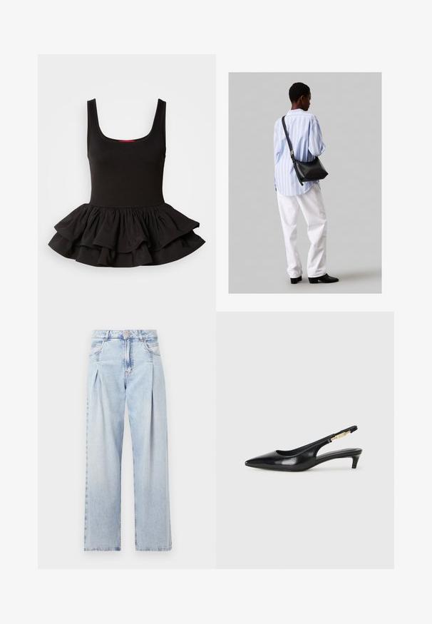 Top negru fără mâneci dintr-un material elastic, având un corp ajustat și un tiv peplum volanat cu un design stratificat. Textură fină.; Jeans din denim albastru deschis cu talie înaltă, croială evazată, două buzunare laterale și un design pliat. Textură moale cu un finisaj decolorat.; Sandale slingback din piele neagră cu vârf ascuțit, având un toc subțire și un accent de culoare aurie pe curea ajustabilă. Textură netedă.; Geantă de umăr din piele neagră cu o textură moale, formă triunghiulară și curea ajustabilă, asortată cu o bluză cu dungi albastre deschise și pantaloni albi.