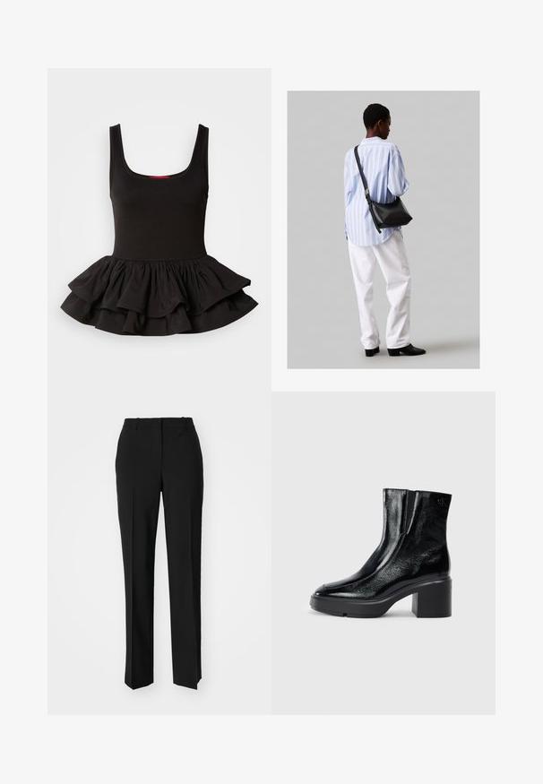 Czarny bezrękawnik z elastycznego materiału, z dopasowaną górą i falbaniastym dołem peplum w warstwowym wzorze. Gładka tekstura.; Czarne spodnie o dopasowanym kroju z prostymi nogawkami, o gładkiej fakturze i wyraźnych zagięciach z przodu. Bez widocznych elementów metalowych.; Czarne lakierowane botki za kostkę z zaokrąglonym noskiem, elastycznymi panelami bocznymi i masywnym obcasem blokowym. Posiadają wytłoczone logo z tyłu.; Czarna skórzana torba na ramię o miękkiej fakturze, w kształcie trójkąta, z regulowanym paskiem, połączona z jasnoniebieską koszulą w paski i białymi spodniami.