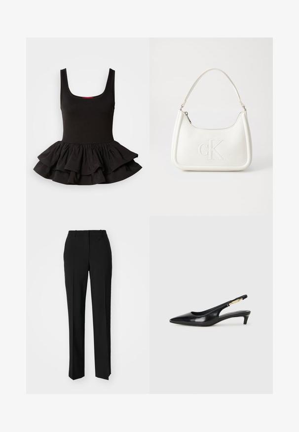 Haut sans manches noir en tissu extensible, présentant un corsage ajusté et un ourlet peplum froncé avec un design superposé. Texture lisse.; Pantalon noir ajusté avec une coupe droite, présentant une texture lisse et des plis nets sur le devant. Aucune quincaillerie visible.; Talons hauts en cuir noir avec un bout pointu, dotés d'un talon fin et d'un accent en ton or sur la lanière réglable. Texture lisse.; Sac à main en cuir blanc avec une forme courbée, arborant un logo "CK" embossé à l'avant et une seule bandoulière. Fermeture à glissière en haut.
