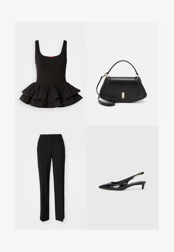 Sort ærmeløs top i strækstof, med en tætsiddende bodice og en flæset peplum-hæm med lagdelt design. Glat tekstur.; Sorte skræddersyede bukser med lige ben-design, der har en glat tekstur og skarpe folder langs fronten. Ingen synlige hardware.; Sorte læder slingback hæle med spids tå, der har en slank hæl og en guldfarvet detalje på den justerbare rem. Glat tekstur.; Sort læderhåndtaske med en struktureret design, der har en kortet form, tophåndtag og guld hardware-accenter. Justerbar skulderrem inkluderet.