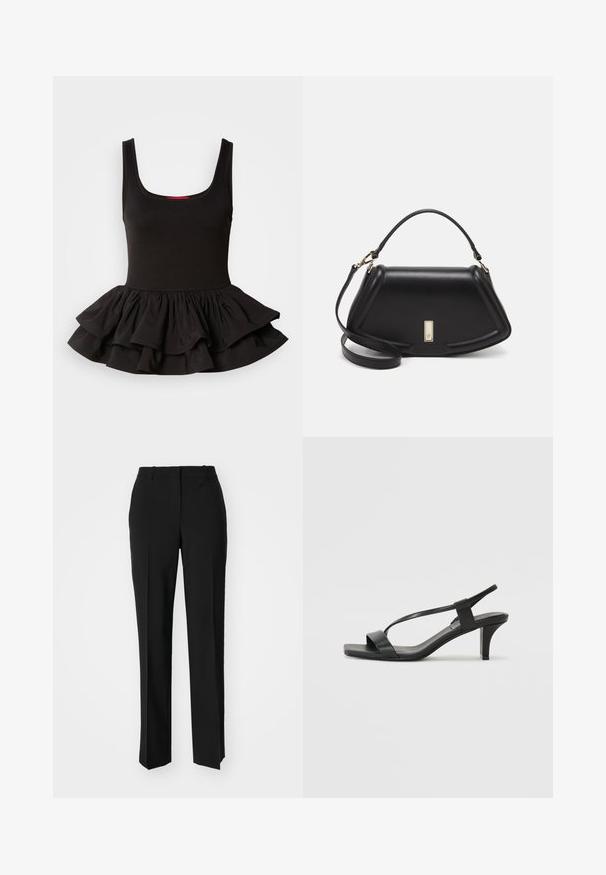 Svart ermeløs topp i stretch-stoff, med en tettsittende overdelen og en volangpeplum-bunn med lagdelt design. Glatt tekstur.; Sorte skreddersydde bukser med rett silhuett, med en glatt tekstur og klare pressede bretter foran. Ingen synlig maskinvare.; Svarte hæl-sandaler med et slankt stroppedesign, firkantet tå og en mellomhøy blokkheel. Laget av glatt lær med en matt finish.; Sort lærveske med en strukturert design, som har en avkortet form, topphåndtak og detaljer i gull. Justerbar skulderstropp inkludert.