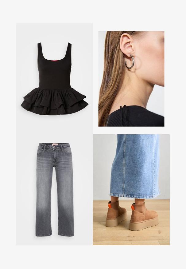 Schwarzes ärmelloses Oberteil aus Stretchstoff, mit einem taillierten Oberteil und einem gerafften Peplum-Saum im Lagen-Design. Glatte Textur.; Graue Jeans aus Denim mit geradem Bein, fünf Taschen, dezentem Verblassen und einem Knopfverschluss in der Taille.; Braune Wildleder-Plateau-Stiefel mit elastischen Seitenpaneelen und orangen Zuglaschen, kombiniert mit einem knielangen hellen Jeansrock auf einem Holzboden.; Silberne Creolen mit polierter Oberfläche, die kleine goldene Akzentdetails und eine runde Form aufweisen, am Ohrläppchen getragen.