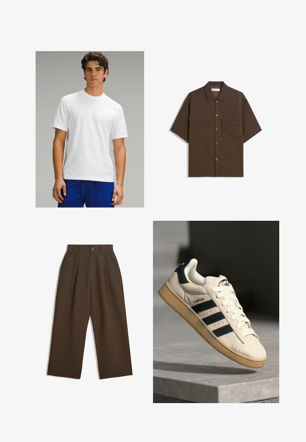 Witte t-shirt met korte mouwen en ronde hals, gladde textuur, zonder zichtbare patronen of logo's, gedragen met blauwe sportbroeken.; Korte mouwen, donkervogel shirt van textuurstof. Voorzien van een knoopsluiting aan de voorkant en twee borstzakken. Casual ontwerp met een relaxte pasvorm.; Bruine geplooide broeken met een wijdvallend ontwerp, voorzien van een knoopsluiting en zijzakken, gemaakt van een textiel dat geschikt is voor casual wear.; Beige suède sneaker met drie donkerblauwe strepen, witte veters en een tan rubberen zool. Bevat een logo op de tong en de tekst "CAMPUS".