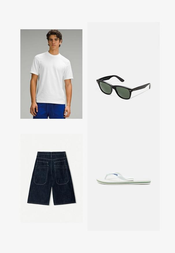 Biała koszulka z krótkim rękawem, z okrągłym dekoltem, gładka w dotyku, bez widocznych wzorów ani logo, noszona z niebieskimi spodniami sportowymi.; Granatowe szorty dżinsowe o luźnym kroju, z dwoma tylnymi kieszeniami, kontrastowym przeszyciem i prostym krojem nogawki.; Białe klapki z fakturowaną wkładką, cienkimi paskami i wielokolorowym akcentem na podeszwie. Posiadają logo na pasku.; Czarne plastikowe okulary przeciwsłoneczne z zielonymi szkłami, kwadratowe oprawki, srebrny akcent na brwi oraz fakturowane ramiona temple. Nazwa marki podana na wewnętrznej stronie ramion.