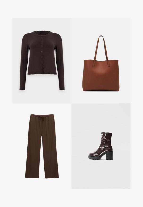 Tumma ruskea pitkähihaisten paita, jossa on ribbikuvio, pitsireunus kaula-aukossa ja napitettu etuosa, jossa on kolme nappia. Hapsureunus helman kohdalla.; Ruske leve široke hlače izdelane iz mehkega materiala, z elastičnim pasom in vrvico ter dvema stranskima žepoma.; Satea bordeaux berwarna mengkilap dengan tumit hitam tebal, menampilkan tekstur halus dan desain sederhana. Tanpa pengikat atau pola yang terlihat.; Ruskea nahkainen olkalaukku, jossa on sileä pinta, avoin yläosa ja kaksi olkahihnaa. Omaavat vain minimaalisen ompelun eikä näkyvää metalliosaa.