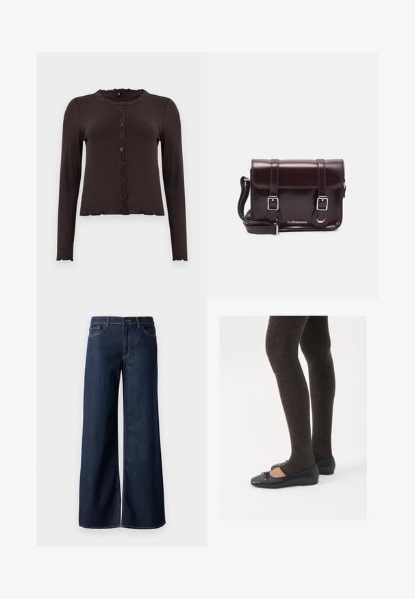 Tumma ruskea pitkähihaisten paita, jossa on ribbikuvio, pitsireunus kaula-aukossa ja napitettu etuosa, jossa on kolme nappia. Hapsureunus helman kohdalla.; Suorat lahkeet farkut tummansinisestä denimmistä. Ominaisuuksiin kuuluvat kontrastiväriset ompeleet, viisi taskua ja nappisuljenta vyötäröllä. Sileä pinta.; Mustat matalat kengät, joissa on pieni nauha varpaissa, yhdistettynä tummanruskeisiin ribattuisiin sukkahousuihin. Kengissä on sileä pinta ja matala profiili.; Burgundin värinen lakattu nahkainen olkapussukka, jossa on suorakulmainen muoto, kaksi hihnaa, hopeiset yksityiskohdat ja läppäkiinnitys.