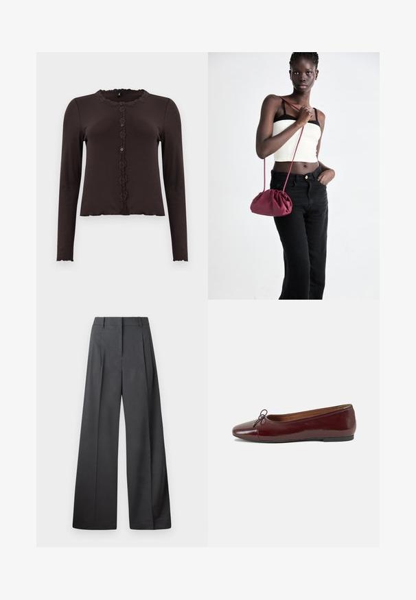 Dark brown long-sleeve top with ribbed texture, lace trim at the neckline, and a buttoned front featuring three buttons. Scalloped hemline.; Wide-leg trousers in dark gray fabric, featuring a high waist, single pleats, and a smooth texture with a clean finish at the hems.; Burgundy patent leather ballet flat with a rounded toe, small bow accent at the front, and a low, black rubber sole. Smooth texture.; Burgundy soft fabric handbag with a gathered design and a long strap, worn crossbody. Model wears a white crop top and black jeans.