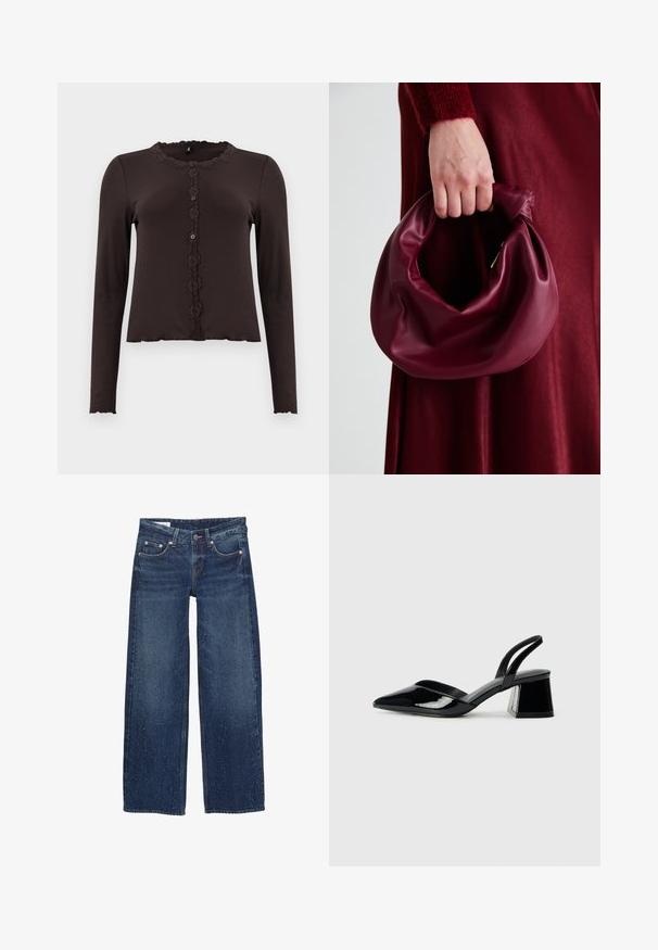 Ciemnobrązowa bluzka z długim rękawem o prążkowanej fakturze, z koronkowym wykończeniem przy dekolcie i guzikowym zapięciem składającym się z trzech guzików. Skórzane wykończenie. ; Spodnie dżinsowe o szerokich nogawkach w ciemnym denimowym odcieniu z wyblakłą fakturą i rozproszonymi jasnymi plamkami, z zapinaniem na guzik i przednimi kieszeniami.; Czarne lakierowane półbuty na obcasie z wydłużonym noskiem i geometrycznym słupkiem. Charakteryzują się eleganckim, minimalistycznym designem oraz gładką fakturą.; Bordowa skórzana torebka o miękkim, marszczonym wyglądzie i zaokrąglonym kształcie. Uchwyt jest zabezpieczony, co podkreśla gładką fakturę.