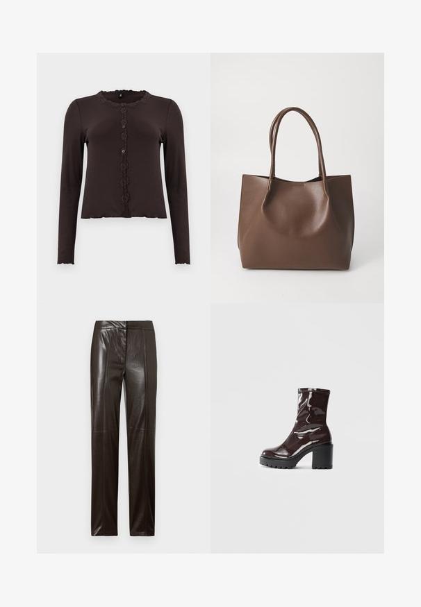 Mørkebrunt langærmet top med ribbede tekstur, blondertrim ved halsudskæringen og en knappet front med tre knapper. Bølgeformet kanten.; Mørkebrune, lige læderbukser med en glat overflade og subtile sømdetaljer langs forsiden.; Glatte burgunder ankelstøvler med en chunky sort hæl, der har en glat tekstur og et simpelt design. Ingen synlige lukninger eller mønstre.; Brun læder tote taske med to lange håndtag, struktureret form, glat tekstur og minimalistisk design. Ingen synligt hardware eller accenter.