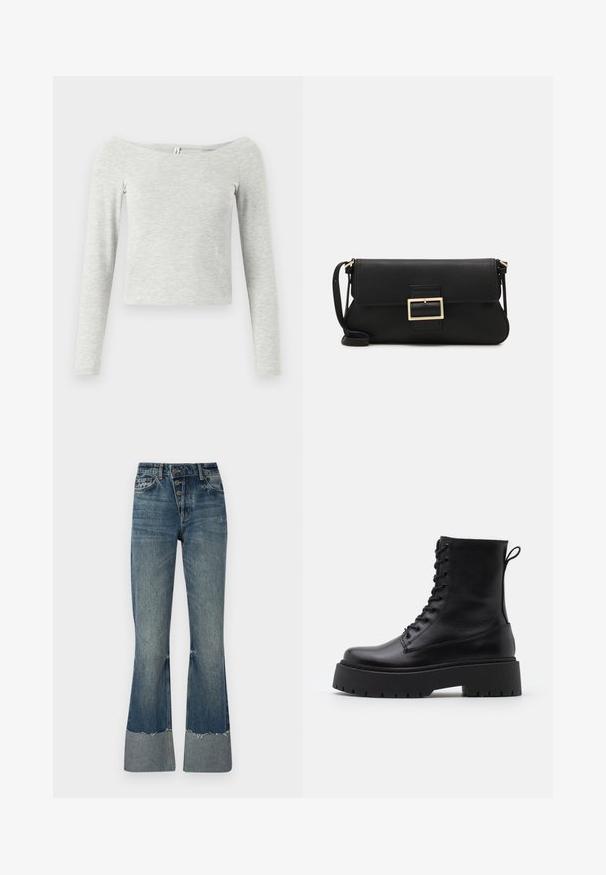 Šedý dlouhý rukáv top s designem z ramen, vyrobený z měkké, lehké tkaniny, s jednoduchou a elegantní siluetou.; Džínové kalhoty s rozšířenými nohavicemi v středně modré barvě, s vysokým pasem, pěti knoflíky a třepícím se lemem. Na spodní části mají světlejší manžetu a zvadne strukturu.; Černé kožené kotníkové boty s kulatou špičkou, šněrováním na přední straně a silnou gumovou podešví s texturovaným vzorkem. S poutkem vzadu.; Černá kožená psaníčko s klopou a zlatým kovovým detailním sponou. Součástí je černý popruh a elegantní, minimalistický design.