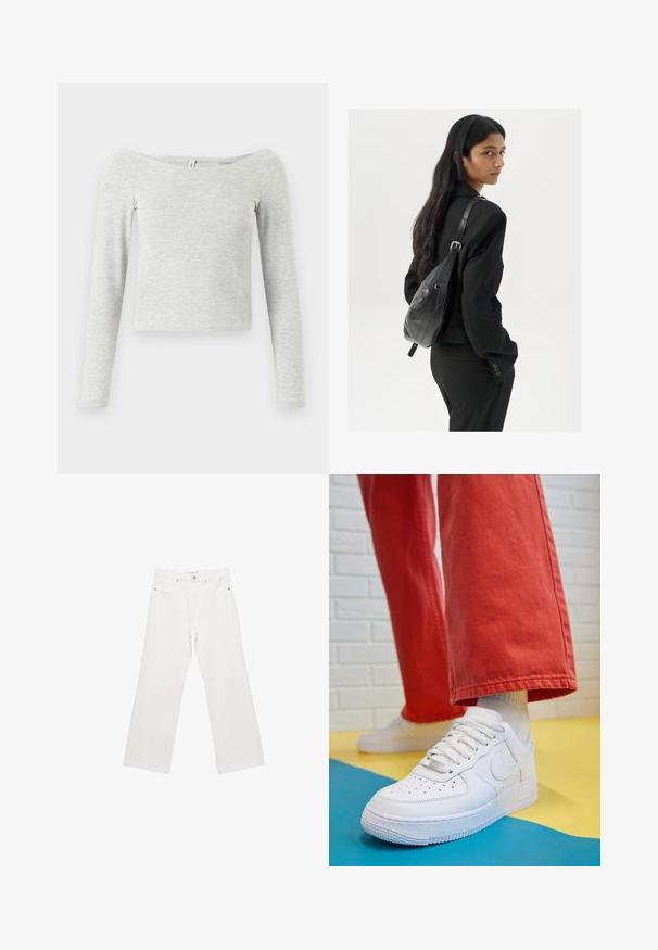 Szary, długi rękaw bluzka z dekoltem typu off-the-shoulder, wykonana z miękkiego, lekkiego materiału, charakteryzująca się prostą, elegancką sylwetką.; Białe dżinsowe spodnie o szerokich nogawkach z klasycznym pięciokomorowym wzorem, metalowymi elementami oraz kontrastowymi przeszyciami. Gładka faktura i luźny krój.; Białe skórzane sneakersy z perforowanym czubkiem, teksturowaną podeszwą i białymi sznurowadłami, w połączeniu z szerokimi czerwonymi spodniami na niebiesko-żółtym tle.; Kobieta z długimi ciemnymi włosami, ubrana w czarny garnitur, trzymająca czarną skórzaną torbę na ramię, spoglądająca przez ramię na białym tle.; Srebrne kolczyki w formie obręczy o minimalistycznym designie. Okrągły kształt, gładka faktura i cienki profil. Lekkie, z polerowanym wykończeniem.