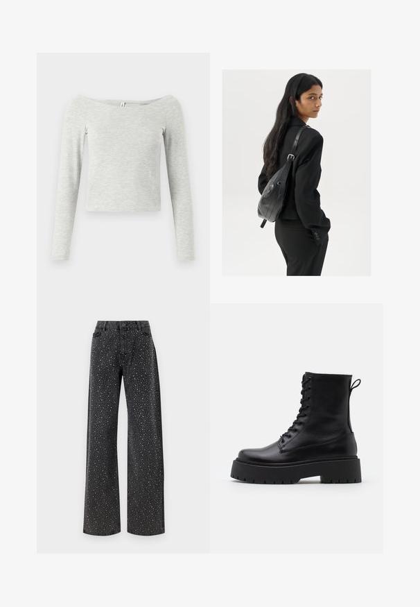 Gray long-sleeve top with an off-the-shoulder design, made from soft, lightweight fabric, featuring a simple, sleek silhouette.; Noisy May NMJANNEL LOOSE - Relaxed fit jeans - black denim; Black leather ankle boots with a round toe, lace-up front, and a thick rubber sole featuring a textured tread. Pull tab at the back.; Woman with long dark hair wearing a black suit, carrying a black leather shoulder bag, looking over her shoulder against a white background.; Silver hoop earrings with a minimalist design. Circular shape, smooth texture, and thin profile. Lightweight with a polished finish.