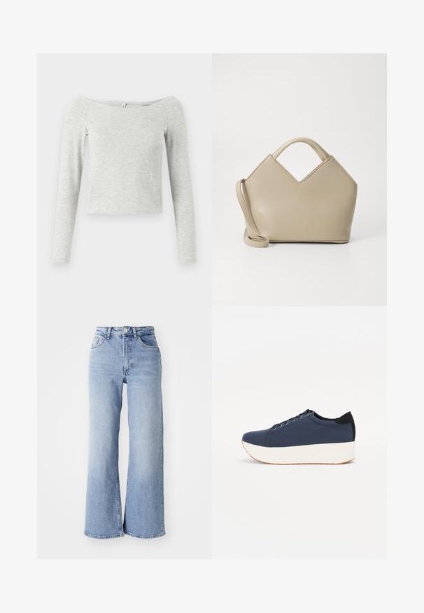 Grijze langemouwen top met een off-the-shoulder ontwerp, gemaakt van zachte, lichte stof, met een eenvoudige, slanke uitstraling.; Lichtblauwe hoge taille wijde pijpen jeans met voor- en achterzakken, knoopsluiting en subtiele vervagingen op de dijen en zomen.; Marineblauwe sneaker met een textuurstof bovenwerk, witte platformzool, ronde neus en zwart hakaccent. Voorzien van zes gaatjes voor veters.; Beige gestructureerde handtas met een V-vormige bovenkant, van glad leder, korte handvatten en een lange verstelbare schouderriem. Minimalistisch ontwerp.