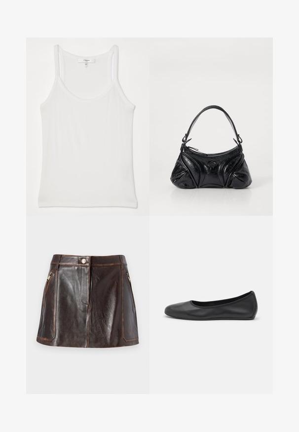 Top alb fără mâneci, fabricat dintr-un material moale, cu textură ribbed; are bretele subțiri și un decolteu rotund, eticheta spune "FRAME."; Fustă mini din piele maro, cu un design elegant, două buzunare laterale cu fermoar și cusături contrastante pe margini.; Balerini din piele neagră, cu vârf rotund, textură netedă, detalii de cusătură minimale și un design al tălpii flexibil.; Geantă de mână neagră din piele texturată, cu o formă rotunjită. Dispune de o curea subțire pentru umăr și modele decorative în relief.