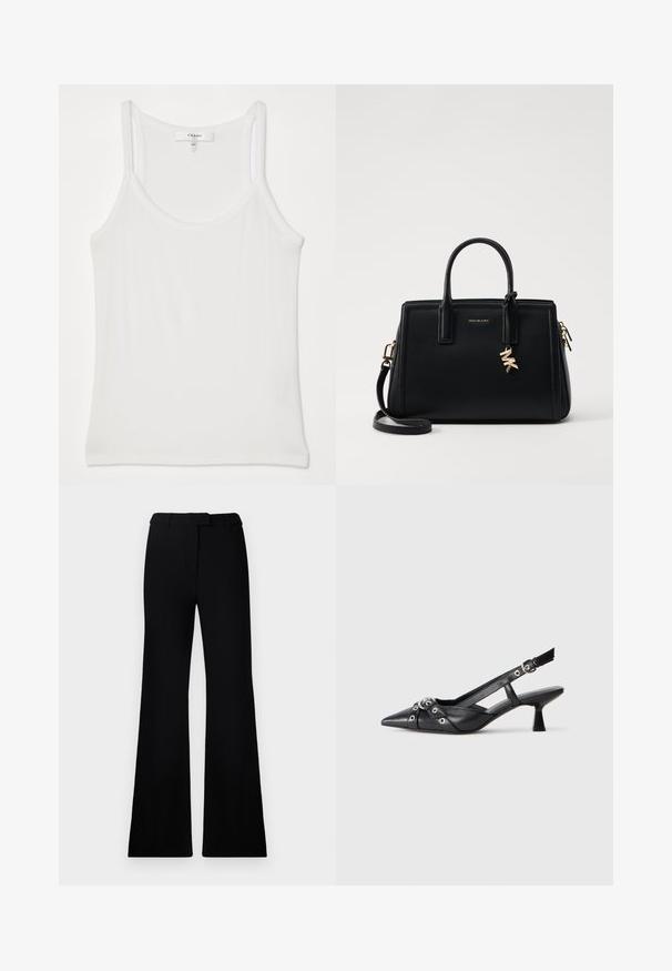 Balta bezpalakaina kreklveida blūze, izgatavota no mīksta, ribota auduma; ar plānām siksniņām un apaļu kakla izgriezumu, birka ar uzrakstu "FRAME".; Melnas paplašinātas bikses ar gludu tekstūru, pielāgotu jostasvietu un priekšējām kabatām, veidotas ar elegantu, mūsdienīgu siluetu.; Melnas ādas šlipsveida kurpes ar norādītu purngalu, dekoratīvām joslām ar metāla acīm un zemu bloku papēdi. Teksturēta virsma.; Melnas ādas rokas soma ar strukturētu dizainu, dubultiem augšējiem rokturiem, noņemamu plecu siksnu, zelta aparatūru un logo piekariņu akcentu.