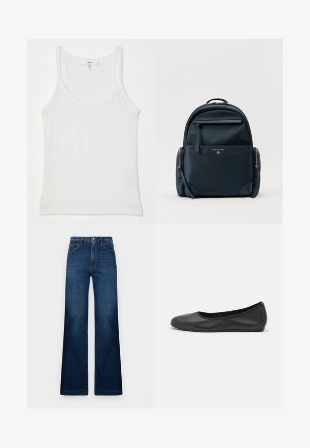 Hvid ærmeløs top lavet af blødt, ribbet stof; har tynde stropper og en rund halsudskæring, mærket læser "FRAME."; Bredde ben, mørkeblå jeans lavet af denim, med høj talje, forlommer og kontrastfulde orange syninger.; Sort læderballetsko med rund tå, glat tekstur, minimal syning og et fleksibelt såldesign.; Marineblå nylonrygsæk med rund form, gyldent hardware, frontlomme med lynlås og logo detaljer. Har en glat tekstur og dobbelte sidelynlåse.