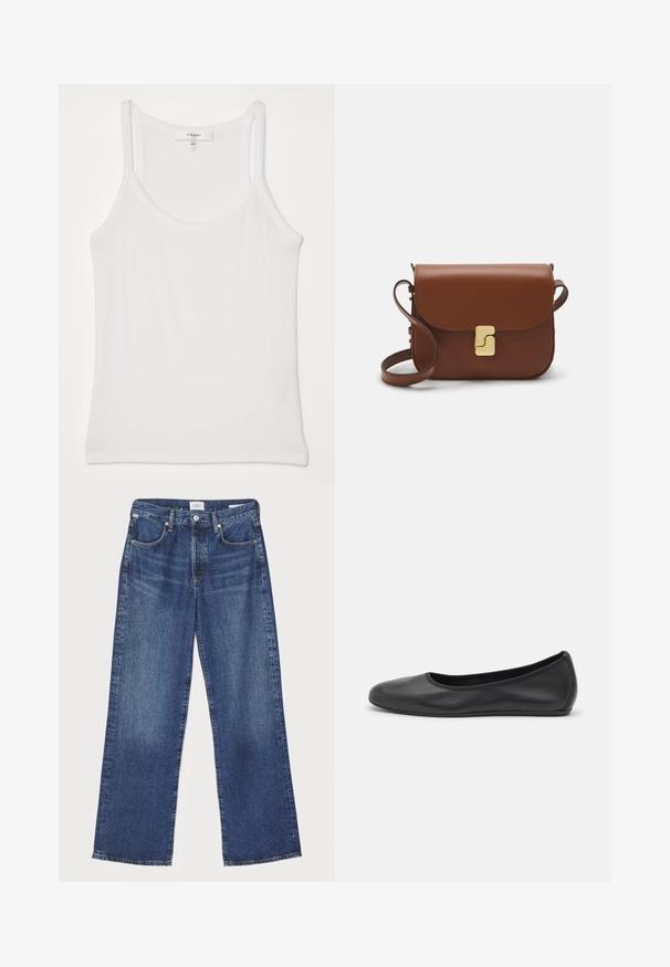 Canotta bianca senza maniche realizzata in morbido tessuto a coste; presenta spalline sottili e un collo rotondo, etichetta con la scritta "FRAME".; Citizens of Humanity ANNINA - Jeans a sigaretta - westwood dark indigo; Pantofole da balletto nere in pelle con punta arrotondata, texture liscia, dettagli di cucitura minimi e design con suola flessibile.; Borsa a tracolla in pelle marrone con chiusura a pattina, hardware color oro, tracolla e una finitura liscia. Forma rettangolare compatta.