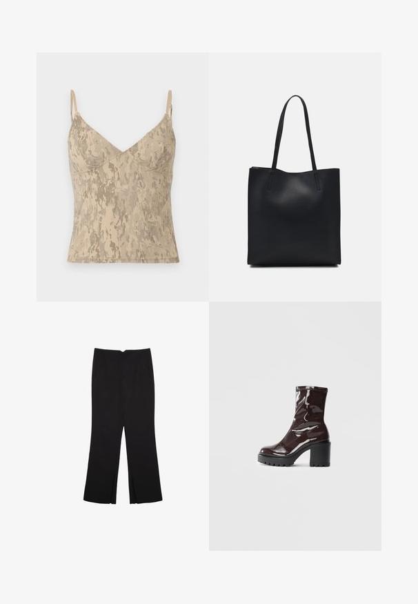 Canotta beige senza maniche con spalline sottili e motivo astratto maculato.; Pantaloni neri a gamba dritta, con tasche frontali e spacchi laterali all'orlo. Realizzati in tessuto morbido e liscio. Adatti a diverse occasioni.; Stivale alla caviglia bordeaux lucido con un tacco spesso nero, caratterizzato da una superficie liscia e un design semplice. Nessuna chiusura visibile o motivo.; Borsa tote in pelle nera con texture liscia, forma rettangolare e due manici lunghi. Nessun hardware o decorazione visibile.
