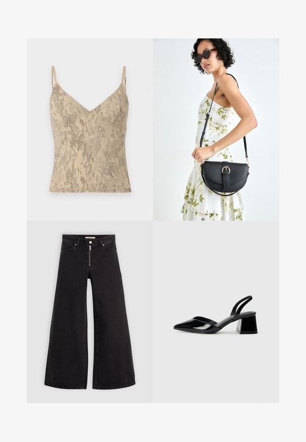 Beige ermeløs cami-top med tynne justerbare stropper og abstrakt flekkete mønster.; Vide benbukser i sort denim med glidelås i front, fem-lomme design og subtile sømdetaljer. Glatt tekstur og avslappet stil.; Svarte patentlær slingback hæler med spiss tå og geometrisk blokk hæl. Har et stilrent, minimalistisk design og jevn tekstur.; Svart lærveske med en buet form, avtagbar stropp og gullbeslag. Vesken har et klaff med spenne-detall.