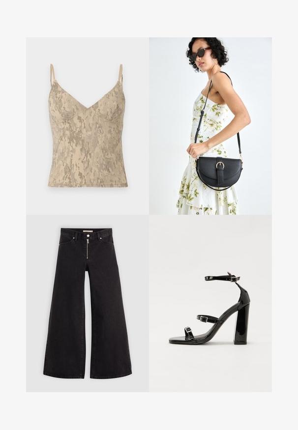 Top de tirantes finos sin mangas en color beige con un patrón abstracto moteado.; Jeans de pierna ancha en denim negro con cierre frontal, diseño de cinco bolsillos y detalles de costura sutiles. Textura suave y estilo casual.; Sandalias de tacón de charol negro con punta cuadrada, correas en el tobillo y hebillas plateadas. Presentan un tacón grueso para mayor estabilidad.; Bolso de piel negra con forma curva, correa desmontable y herrajes dorados. El bolso cuenta con una solapa con un detalle de hebilla.